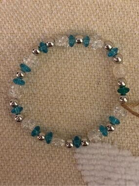 Handmade Blue Bead Stretch Bracelet with Silver Accents